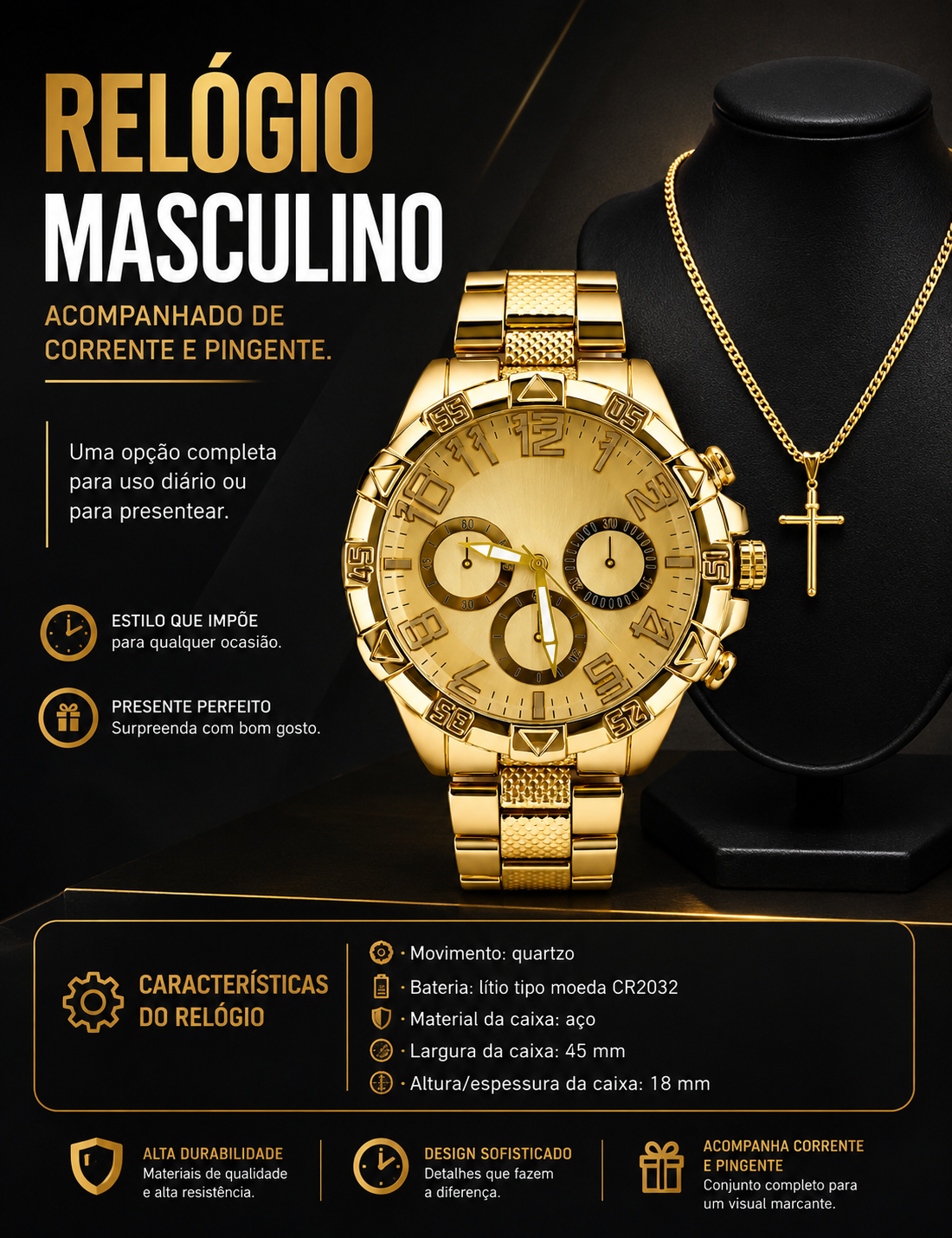 Relógio masculino, corrente e pingente.