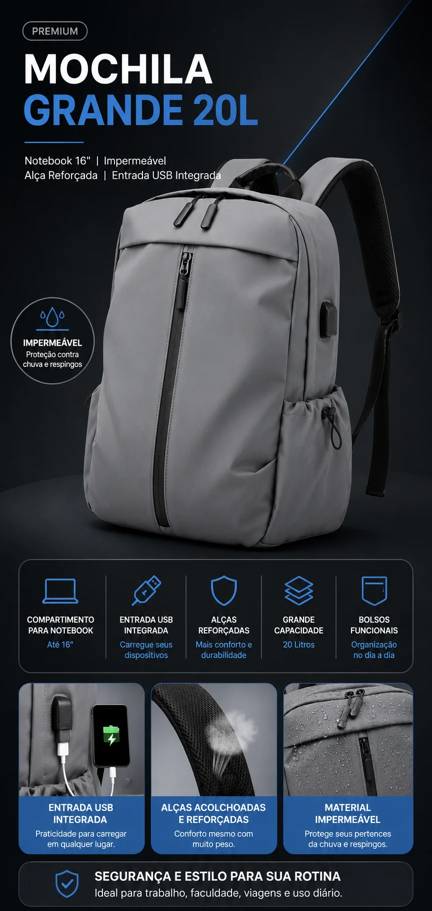 Mochila Grande 20L Notebook 16" Impermeável Alça Reforçada